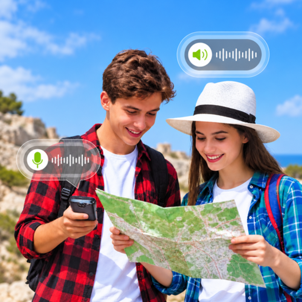 Dos viajeros con un mapa y un teléfono inteligente al aire libre.
