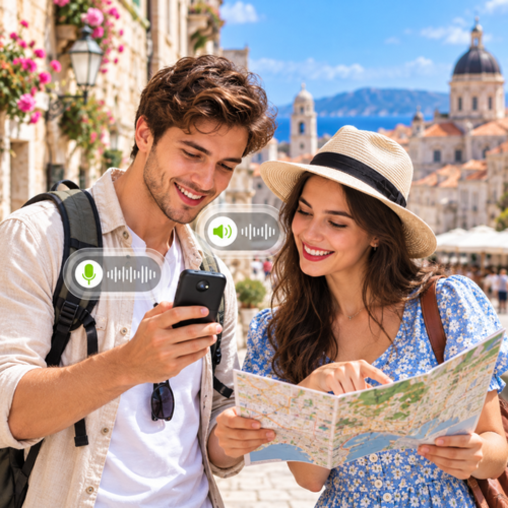 Pareja de viaje mirando un mapa y un teléfono inteligente con una ciudad histórica al fondo.