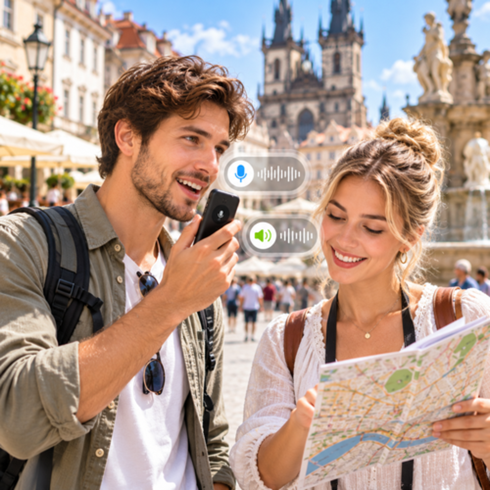 Una pareja en una ciudad europea sostiene un mapa y un teléfono inteligente con iconos de ondas de audio.