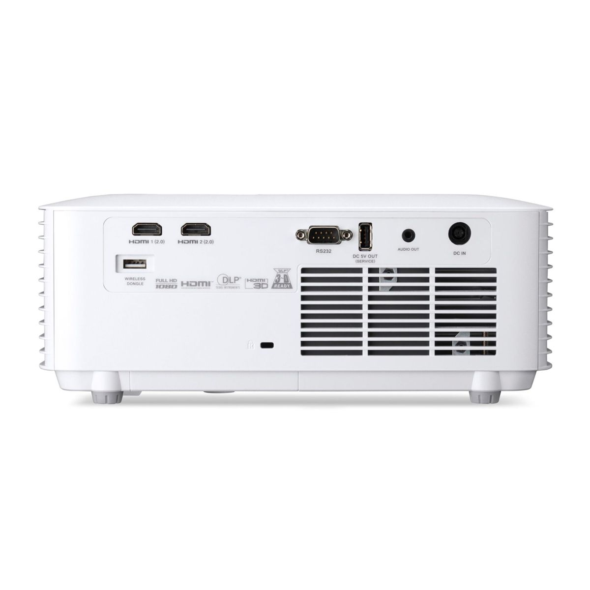 Panel trasero de un proyector blanco que muestra varios puertos, incluidos HDMI, USB, RS232, salida de audio y entrada DC.