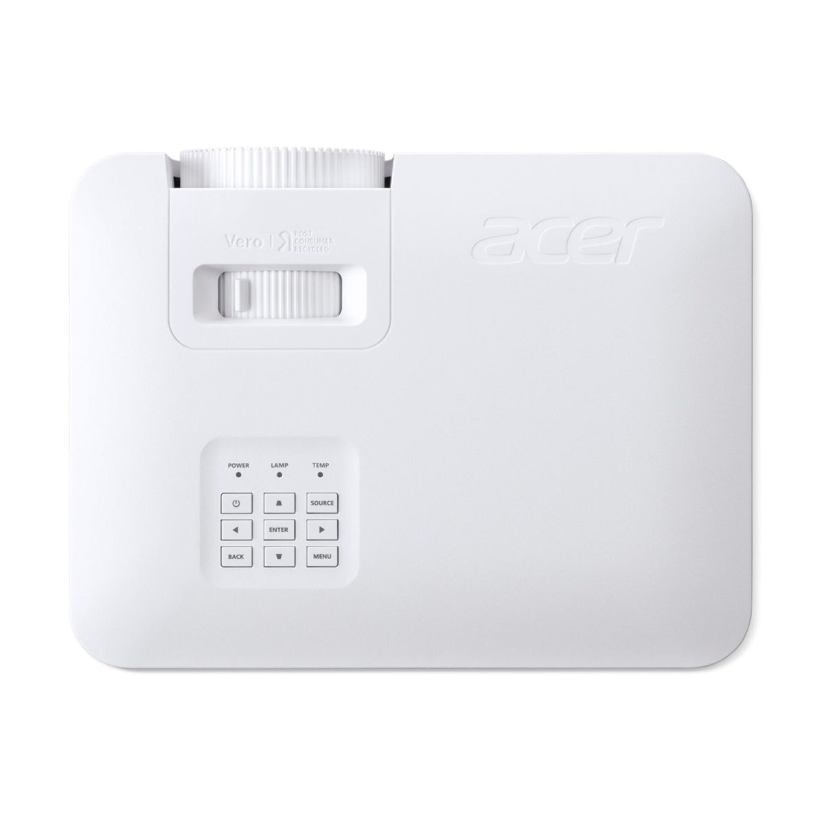 Vista superior de un proyector Acer Vero blanco con diales de enfoque, botones de control y luces de estado.