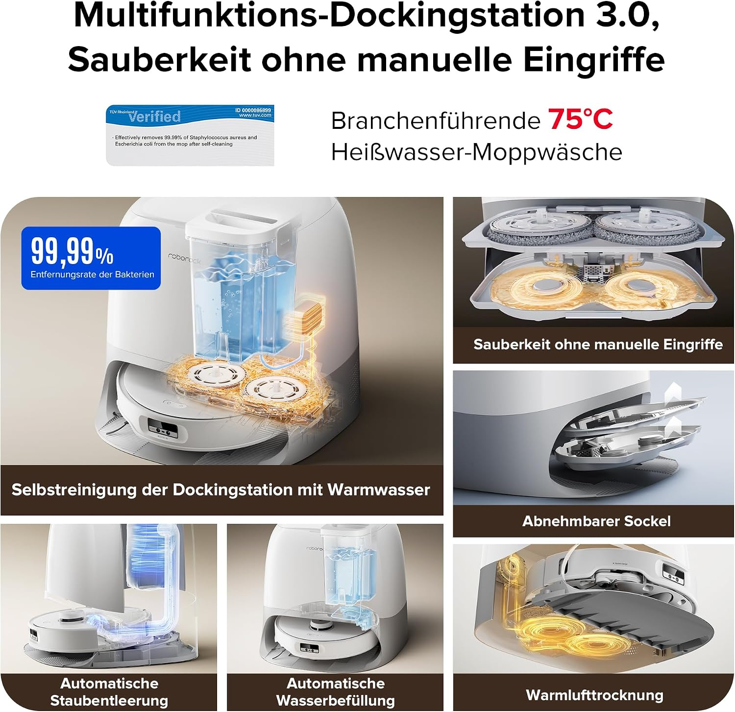 Roborock Dockingstation mit Heißwasser-Moppwäsche, automatischer Staubentleerung, Wasserbefüllung und Warmlufttrocknung.