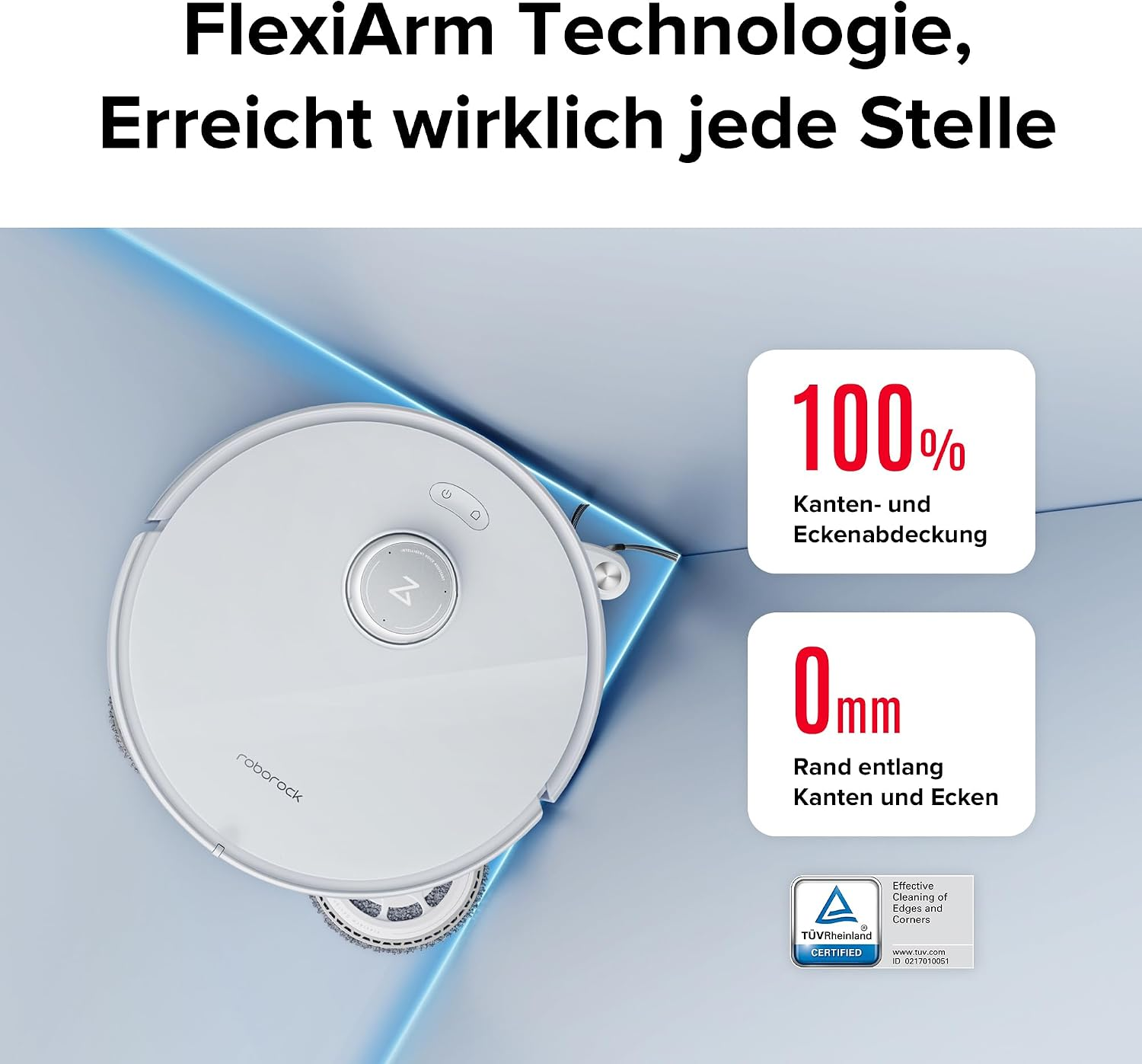 Ein weißer Roboterstaubsauger in einer Ecke mit Texttafeln zur Kantenabdeckung.