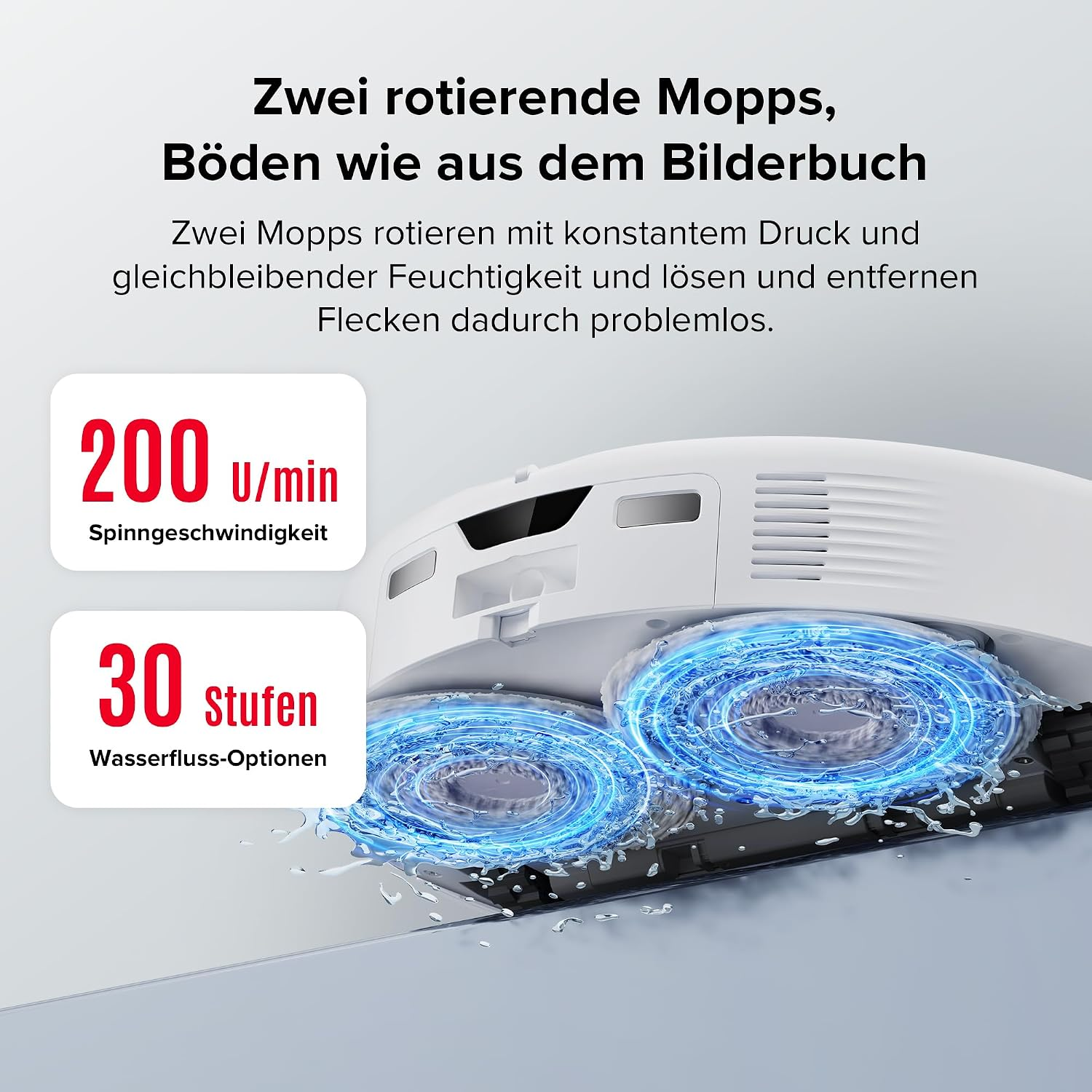 Weißer Saugroboter mit zwei rotierenden blauen Wassermopps und deutschem Text.