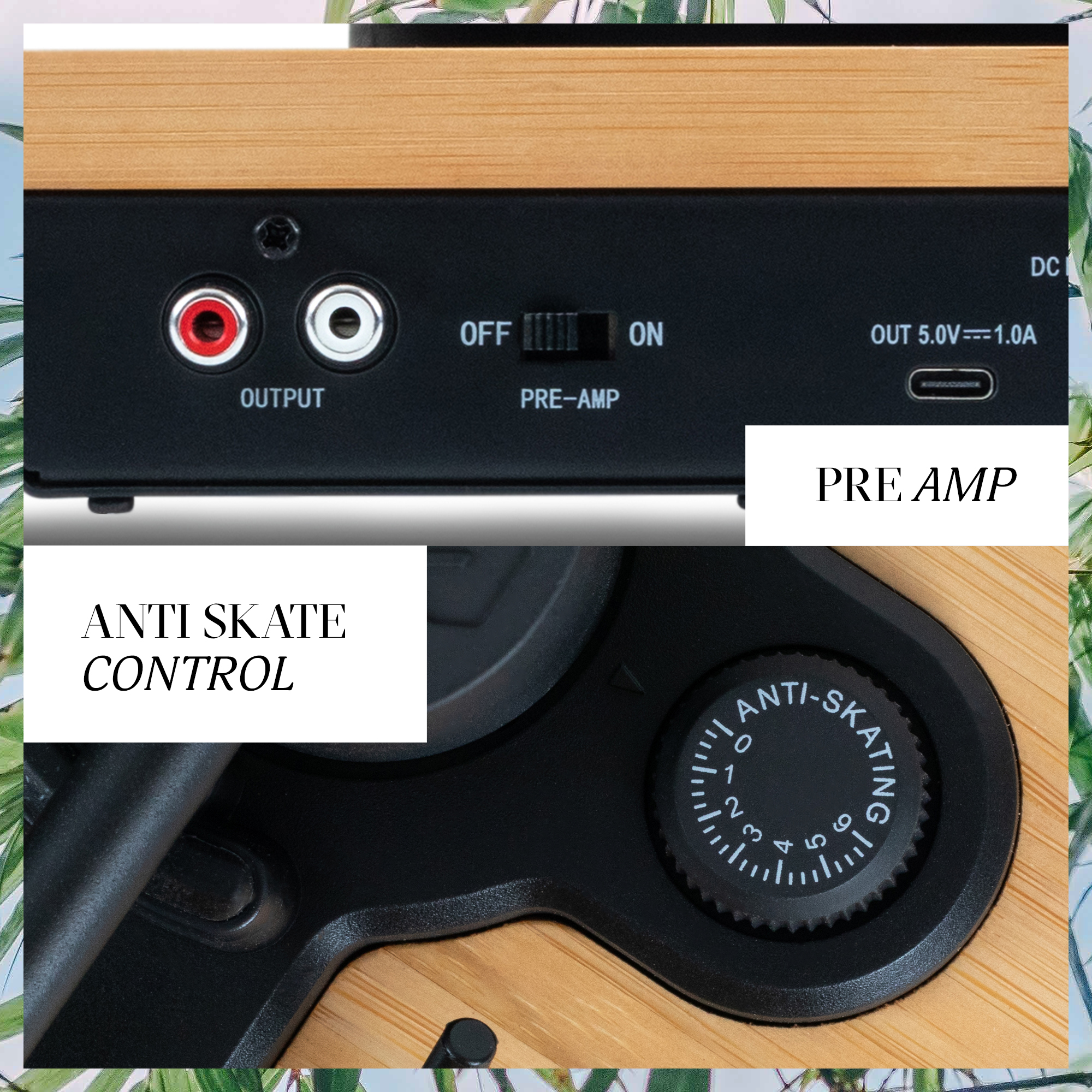Plattenspieler-Paneele mit Audio-Ausgängen, Pre-Amp-Schalter, USB-C-Anschluss und Antiskating-Regler.