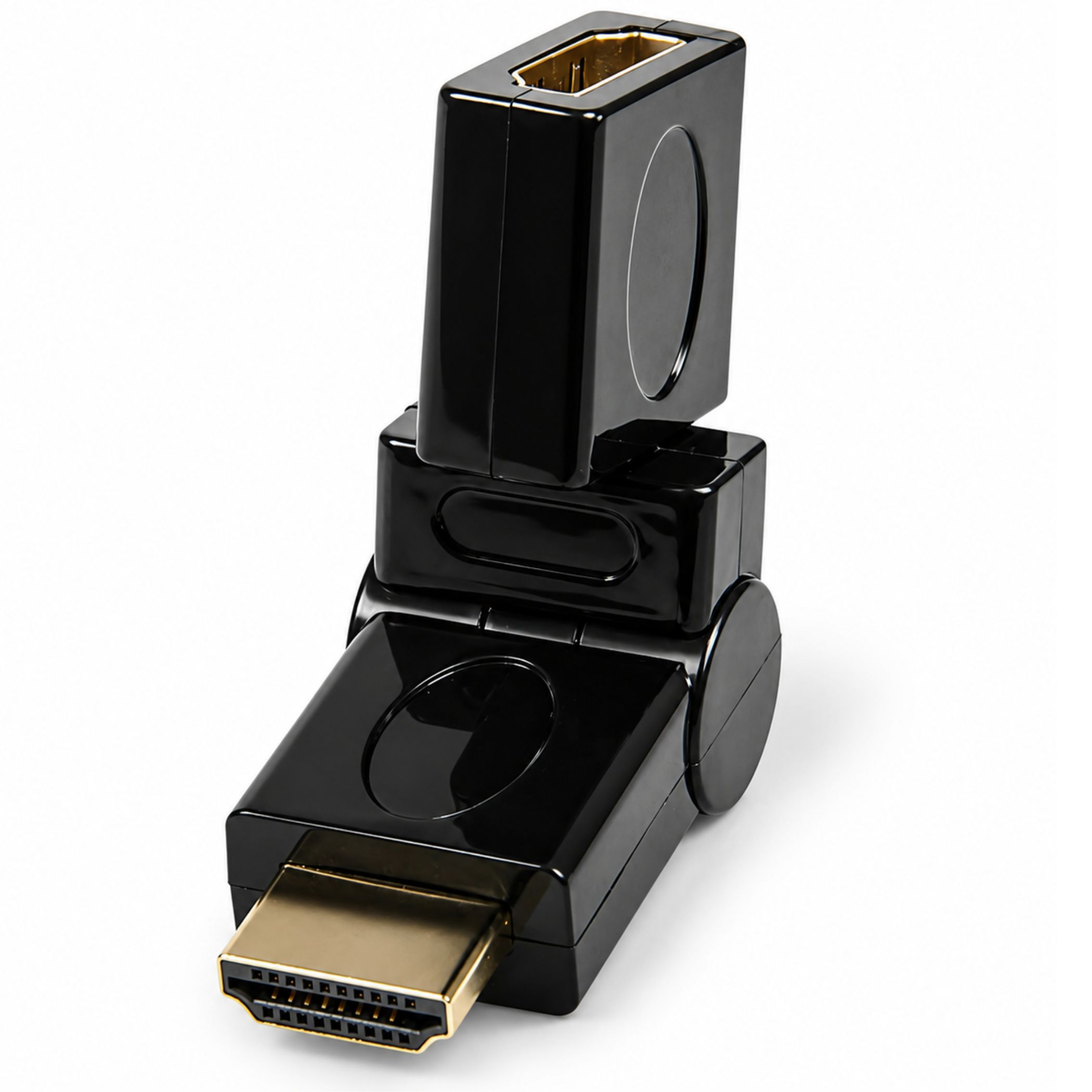 Ein verstellbarer schwarzer HDMI-Adapter mit vergoldeten Anschlüssen auf weißem Hintergrund.