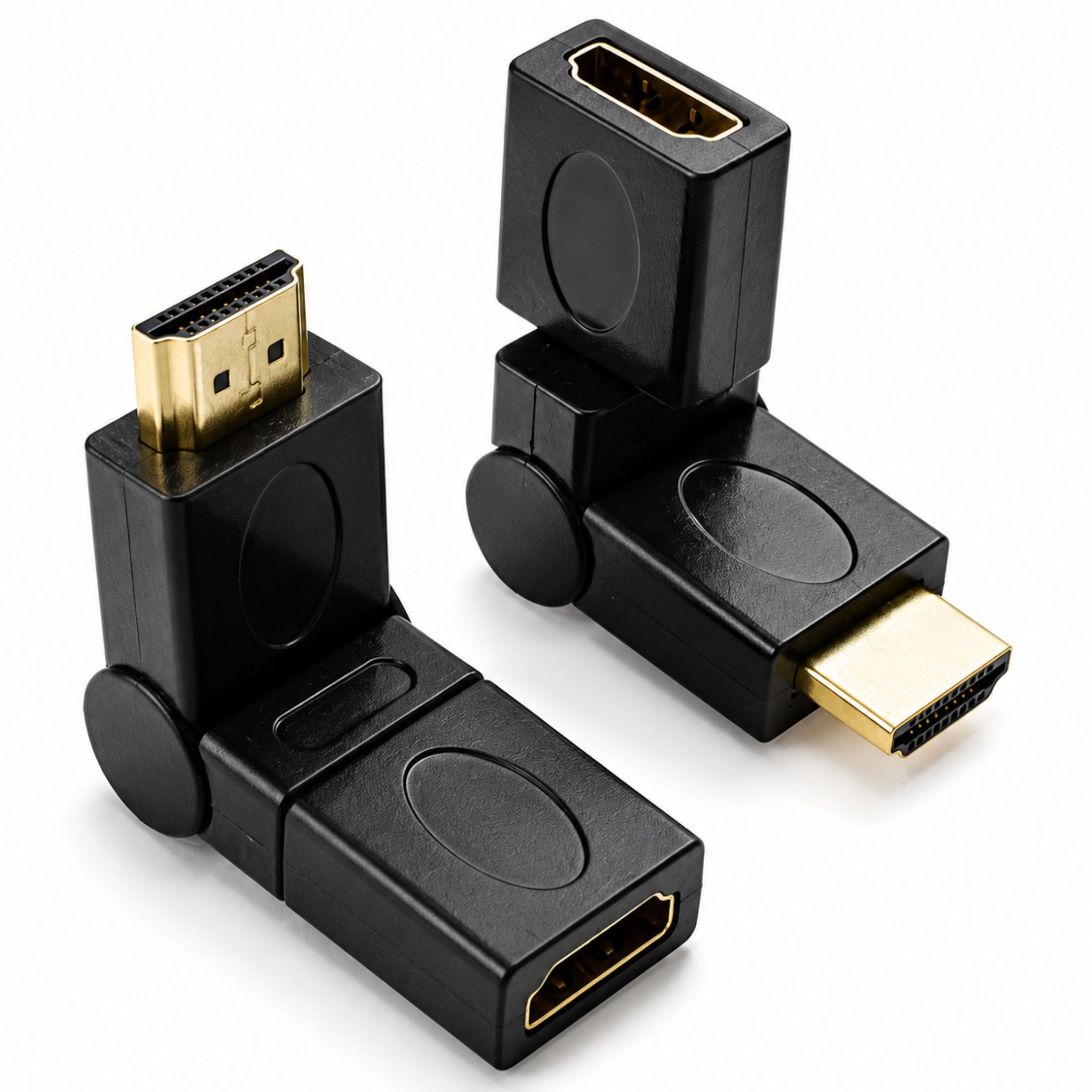 Zwei schwarze HDMI-Winkeladapter mit vergoldeten Anschlüssen auf weißem Hintergrund.