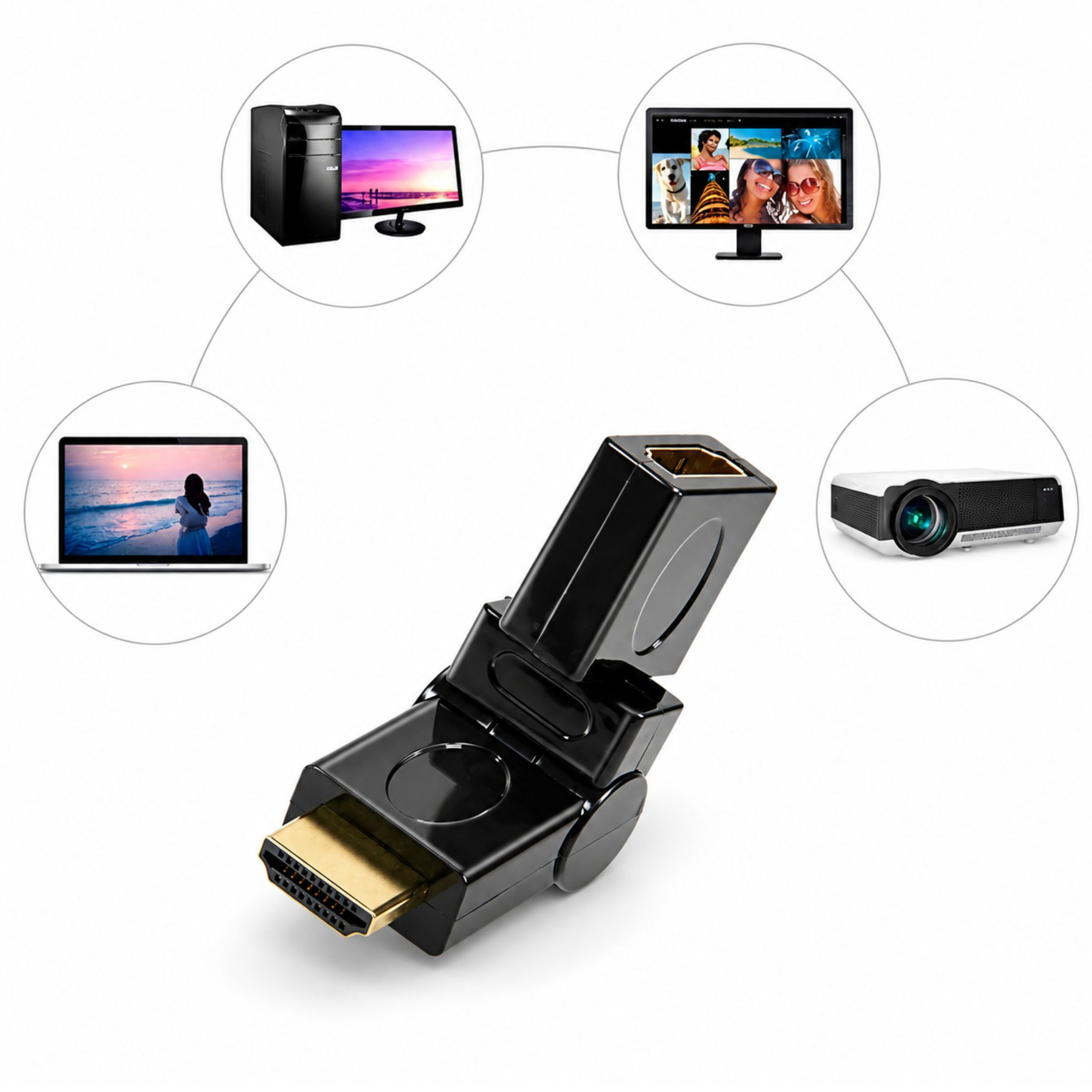 Ein schwarzer, verstellbarer HDMI-Adapter ist mit verschiedenen Geräten wie Laptops und Monitoren verbunden.