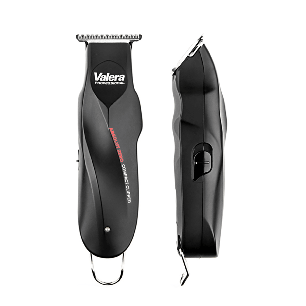 Vista frontal y lateral de una cortadora de pelo negra Valera Professional sobre fondo blanco.