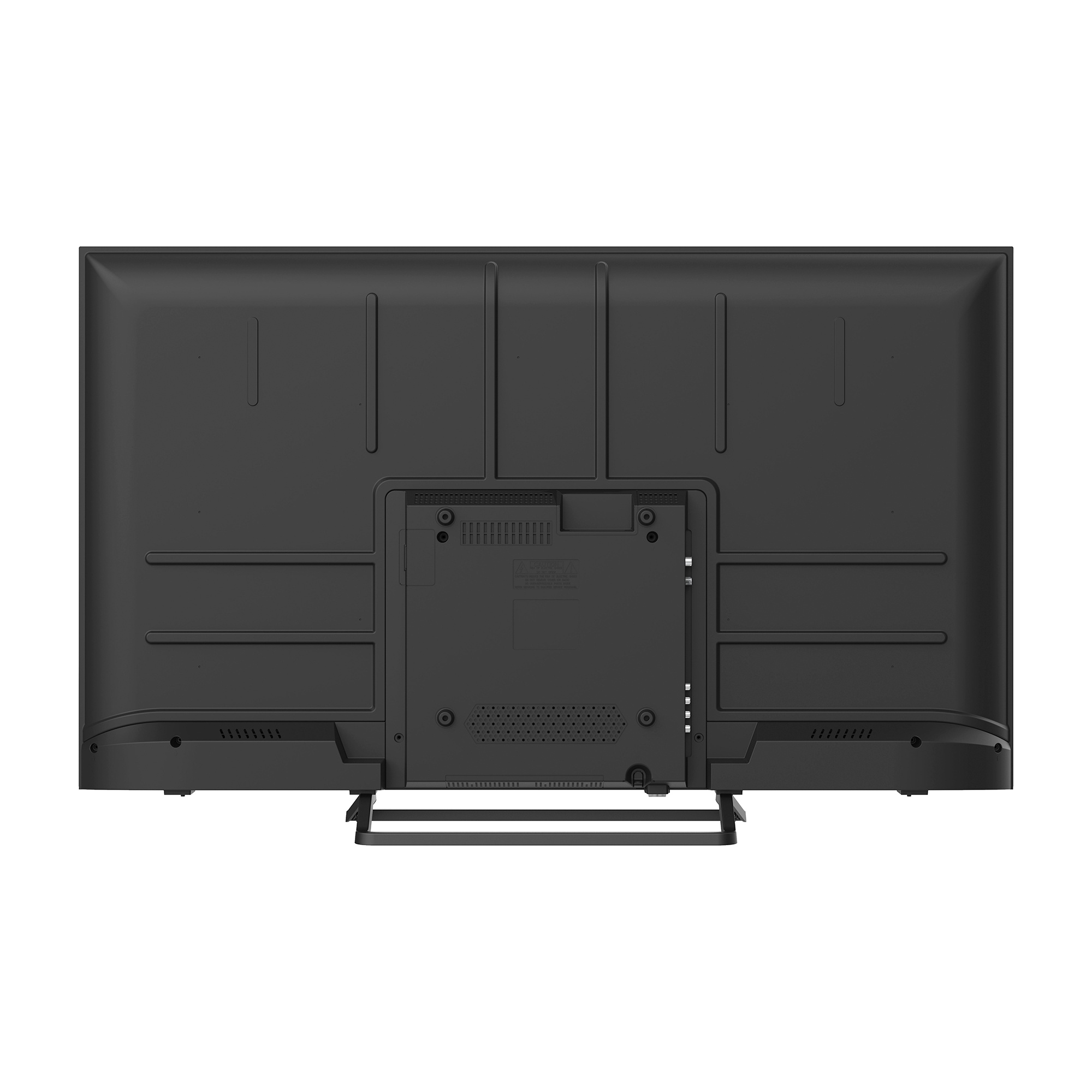 La parte trasera de un televisor de pantalla plana negro con un soporte y varios puertos.