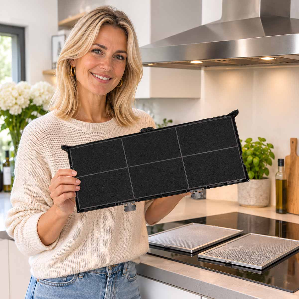 Eine blonde Frau in einer Küche hält einen schwarzen Dunstabzugshaubenfilter.