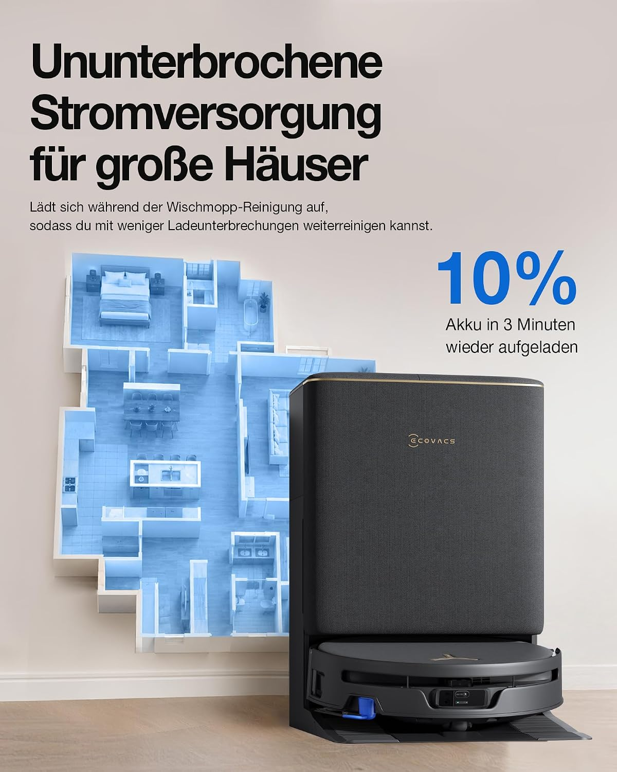 Una base de vacío Ecovacs se encuentra ante un plano gráfico en 3D de una casa azul.