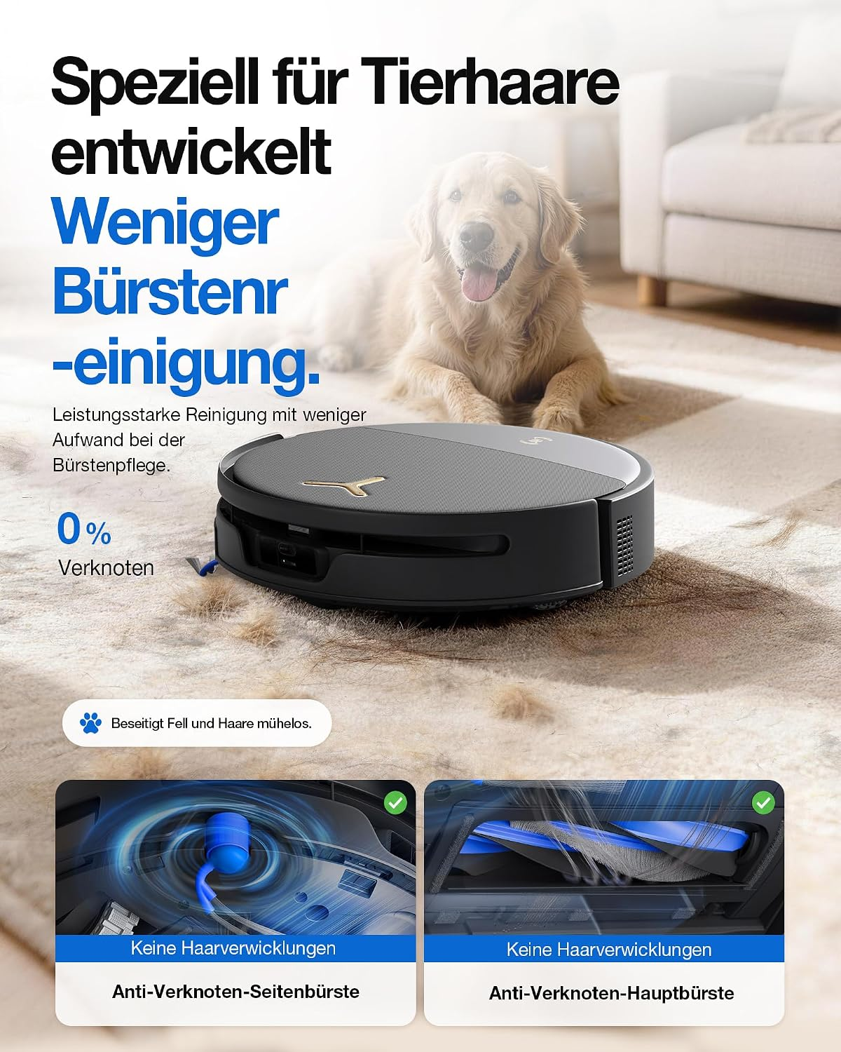 Un robot aspirador en una alfombra junto a un golden retriever con texto en alemán.