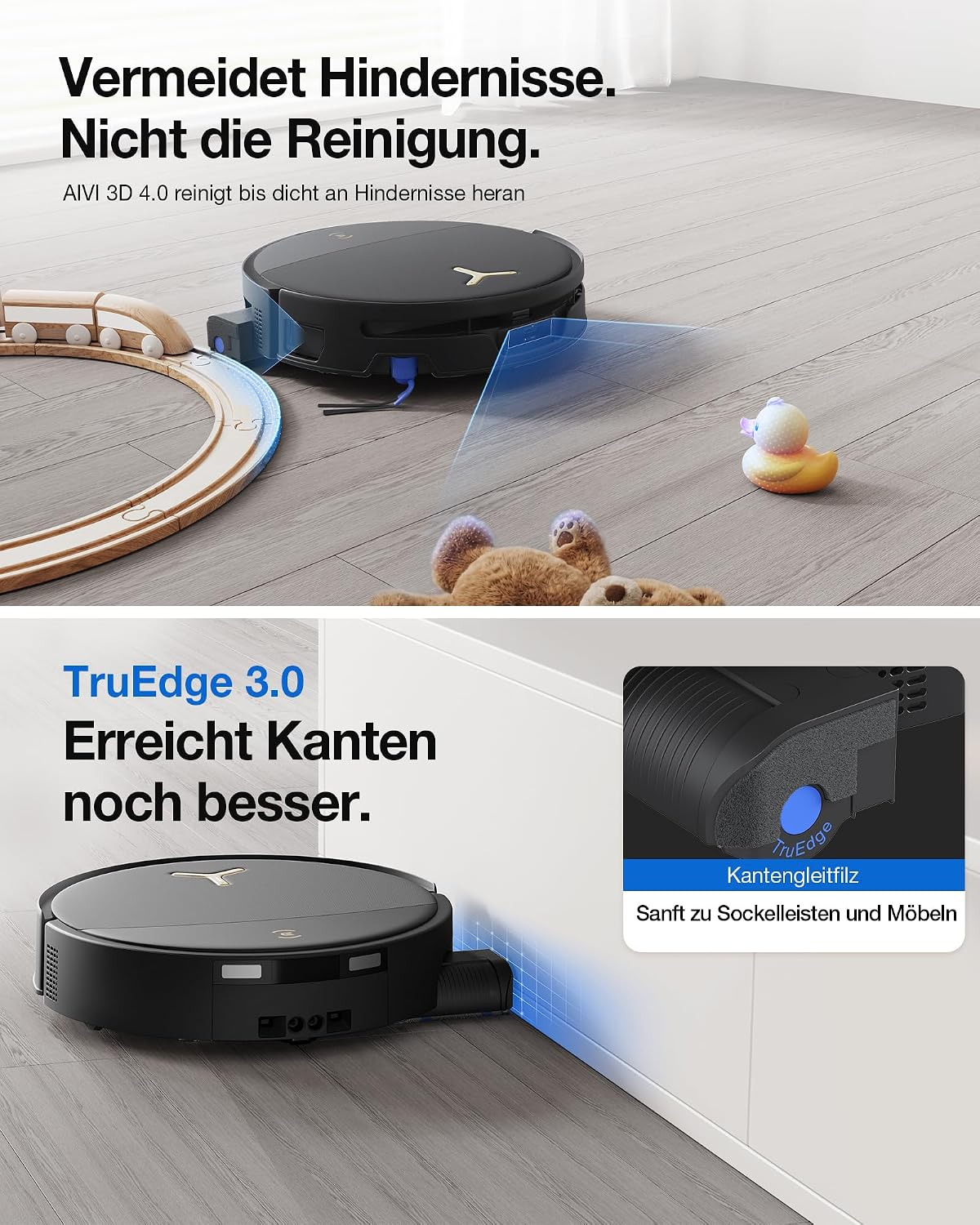 Un robotaspirador negro limpia con precisión alrededor de obstáculos como un tren de juguete y un peluche.