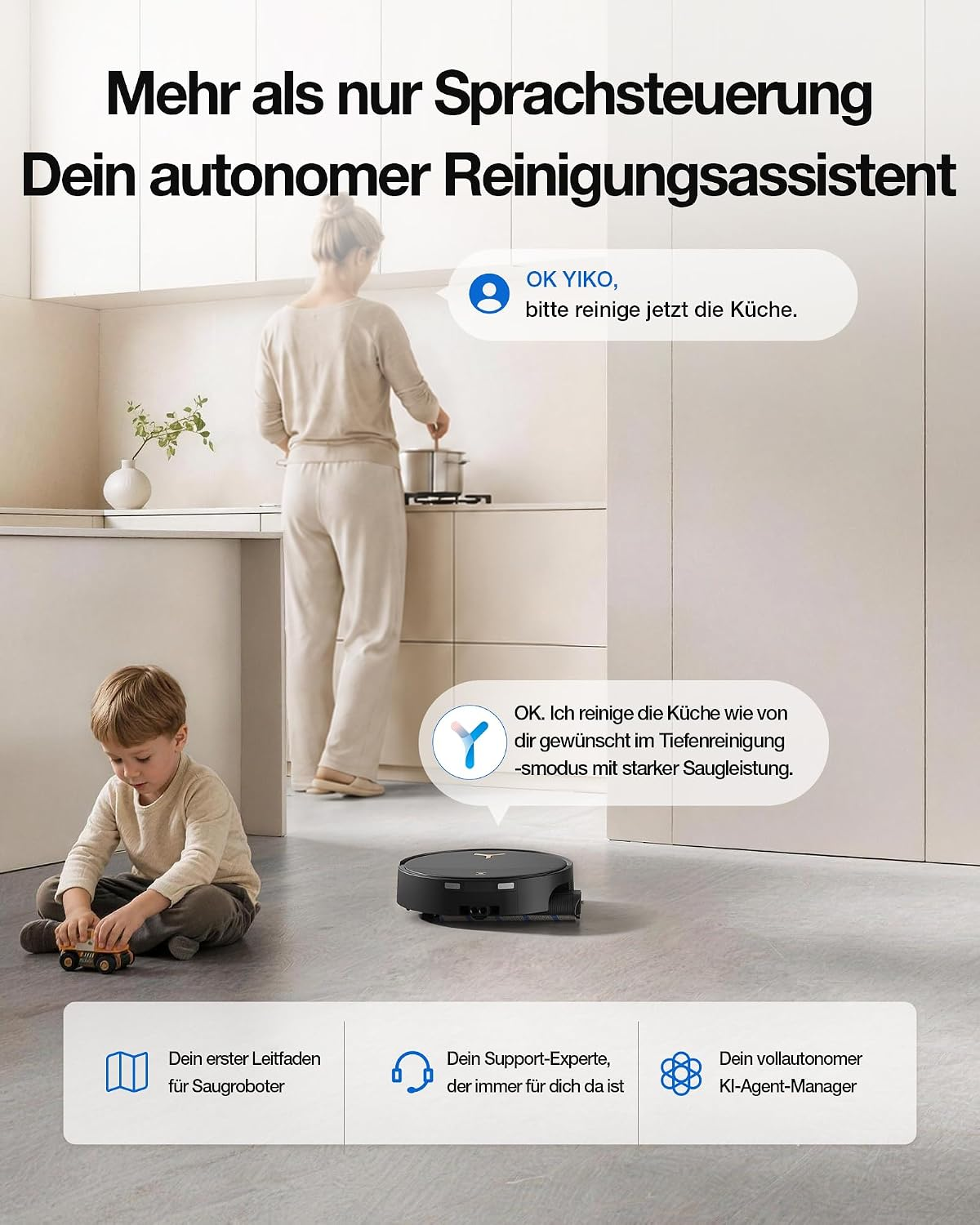 Una mujer en la cocina y un niño en el suelo, con bocadillos de diálogo para el control del robot y asistente.