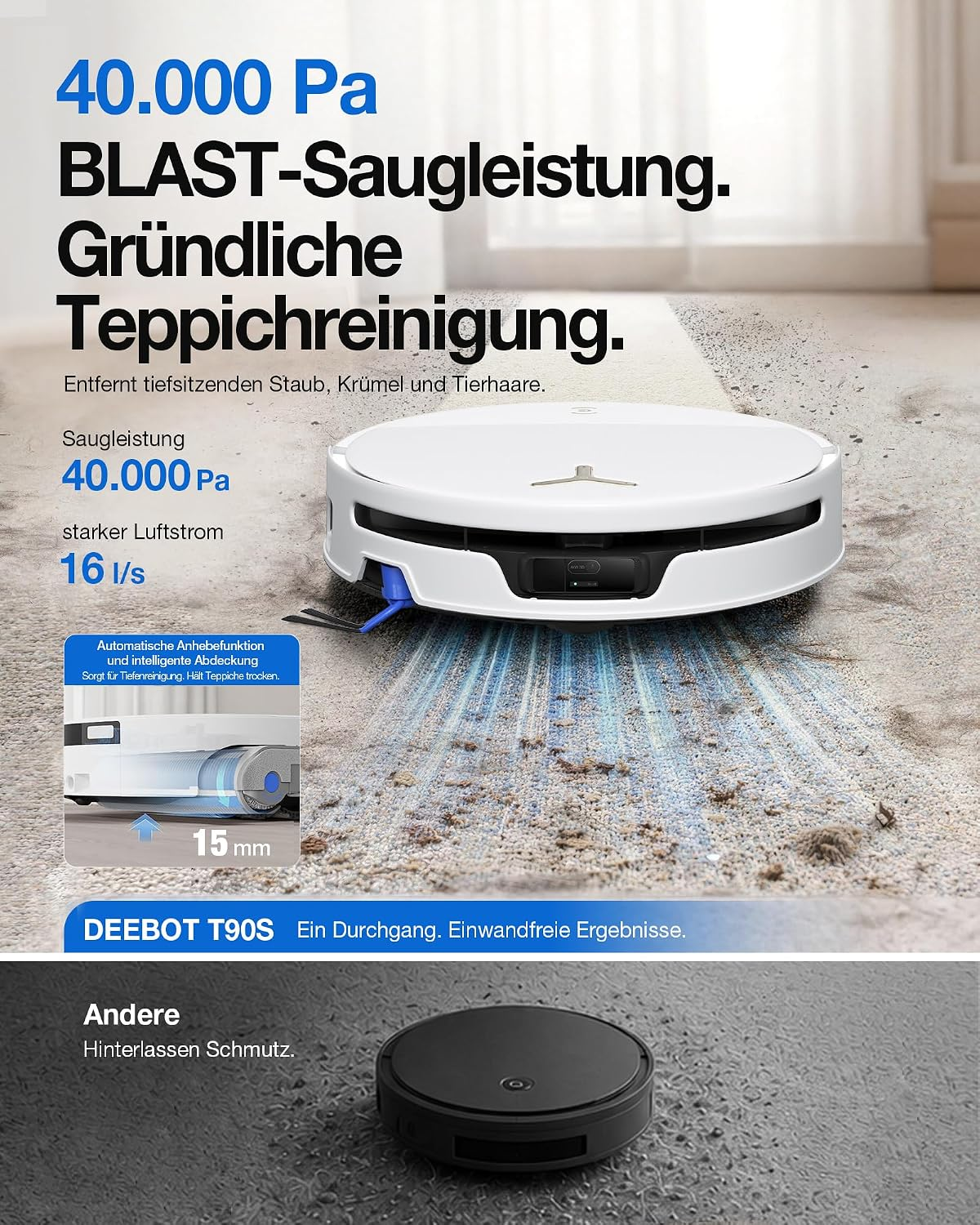 Un robot aspirador blanco limpia a fondo una alfombra, mientras que uno negro deja suciedad.