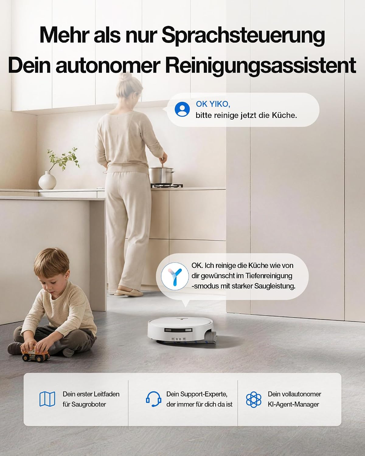 Un niño juega en el suelo, una mujer cocina y un robot aspirador se comunica por voz en la cocina.