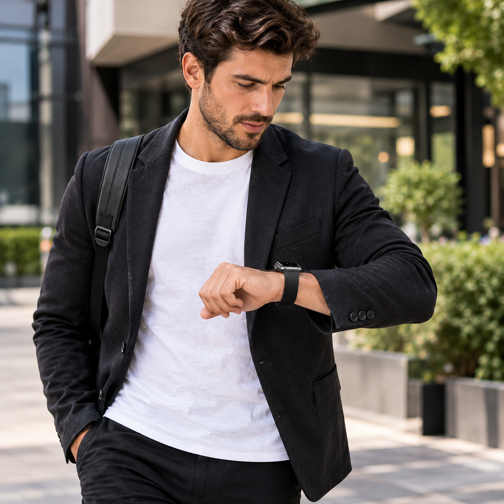 Un hombre con chaqueta negra y camiseta blanca mira su reloj inteligente al aire libre.