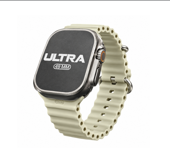 Un reloj inteligente con caja de titanio de 49 mm y correa de silicona texturizada verde claro sobre fondo blanco.