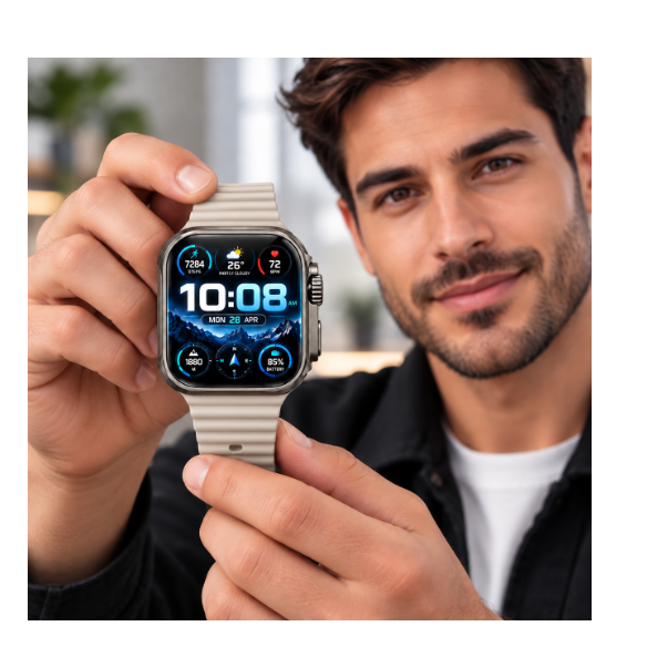 Un hombre sostiene un reloj inteligente moderno con pantalla digital hacia la cámara.