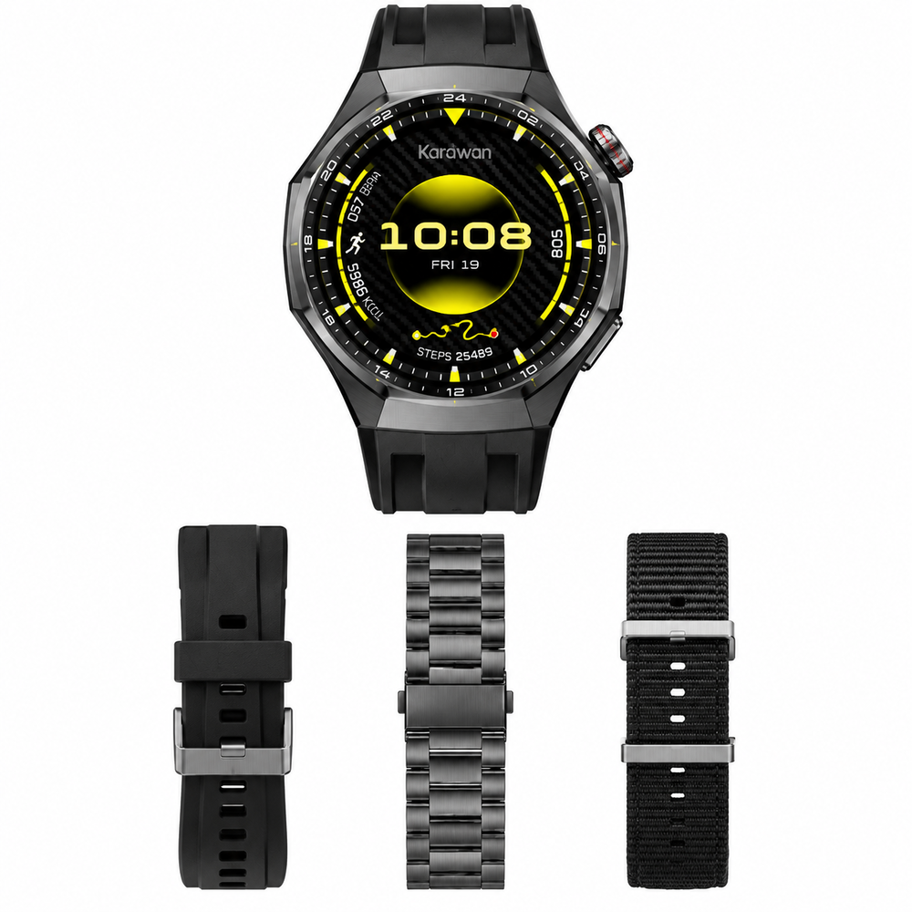 Reloj inteligente negro con esfera digital y tres correas intercambiables.