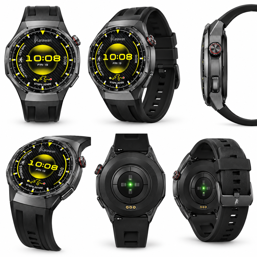 Seis vistas de un reloj inteligente negro con pantalla redonda, esfera amarilla y correa de caucho negra sobre fondo blanco.