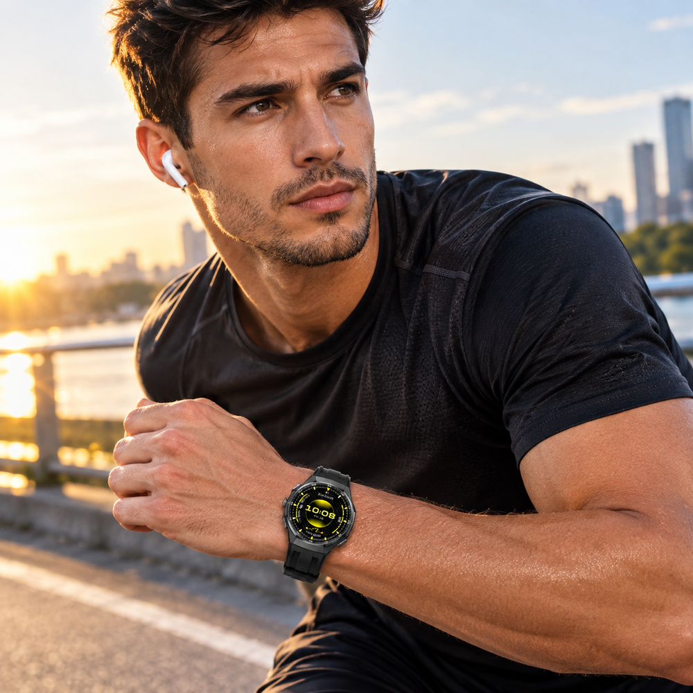 Un joven con camiseta negra y reloj inteligente corre al aire libre al atardecer.