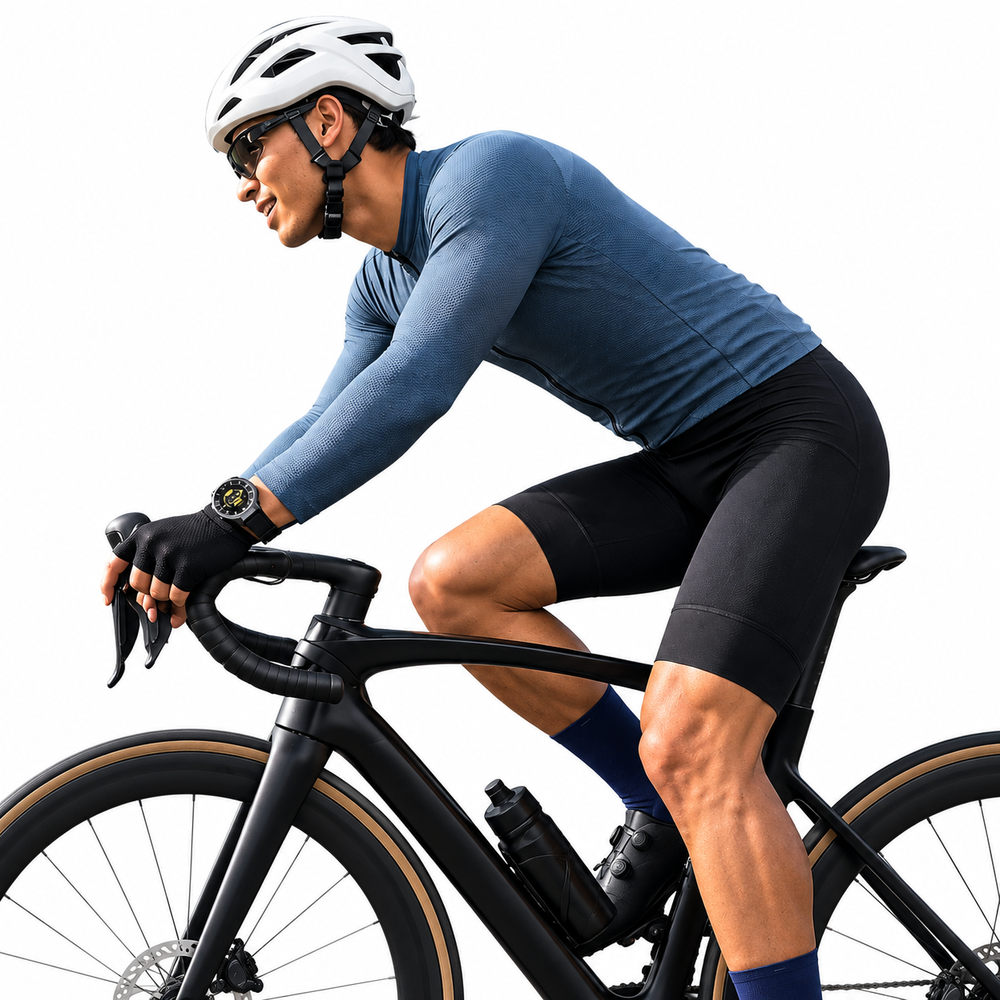 Un ciclista con maillot azul y casco monta en una bicicleta de carretera negra sobre fondo blanco.