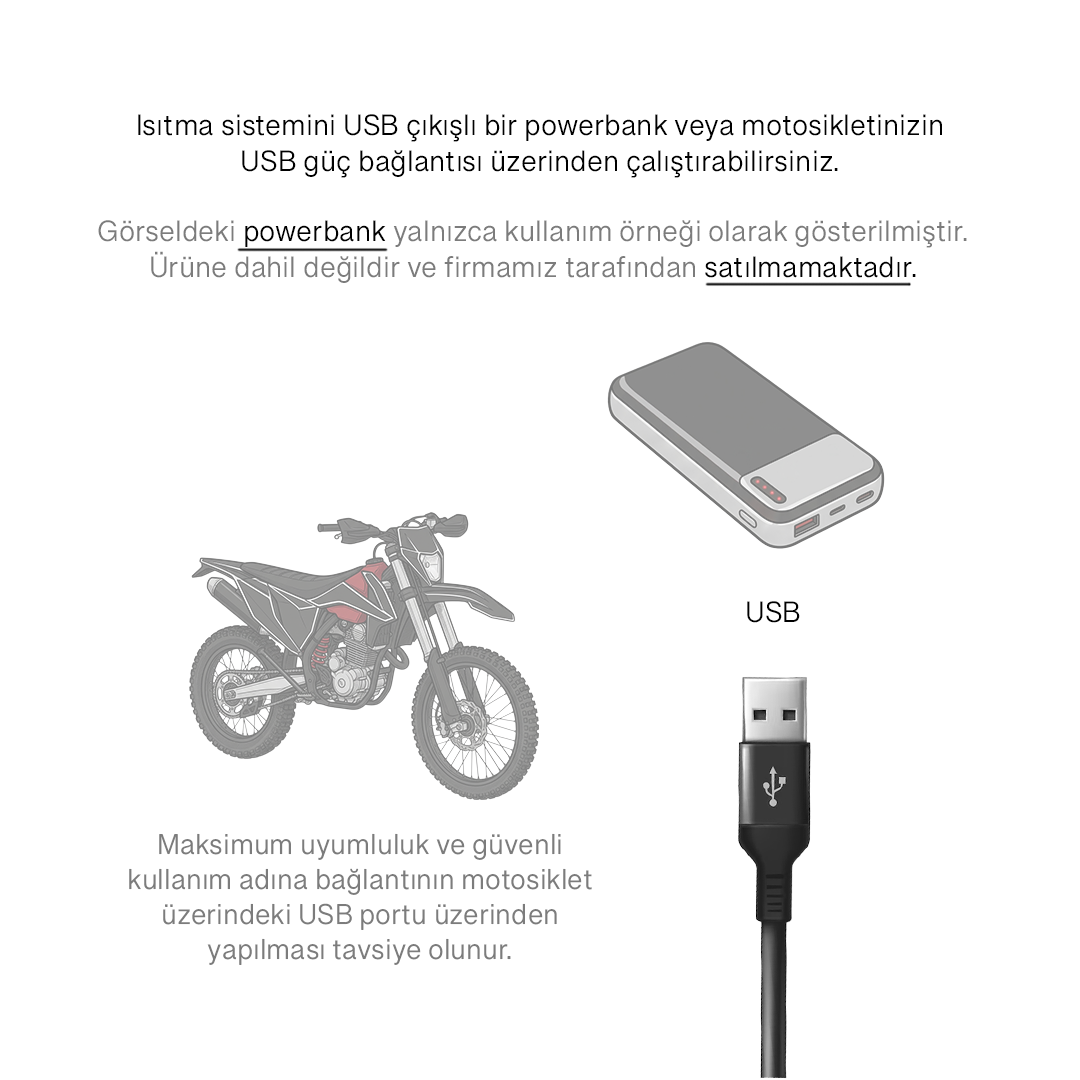 Motosiklet, USB powerbank ve USB kablosunu gösteren açıklayıcı görseller.