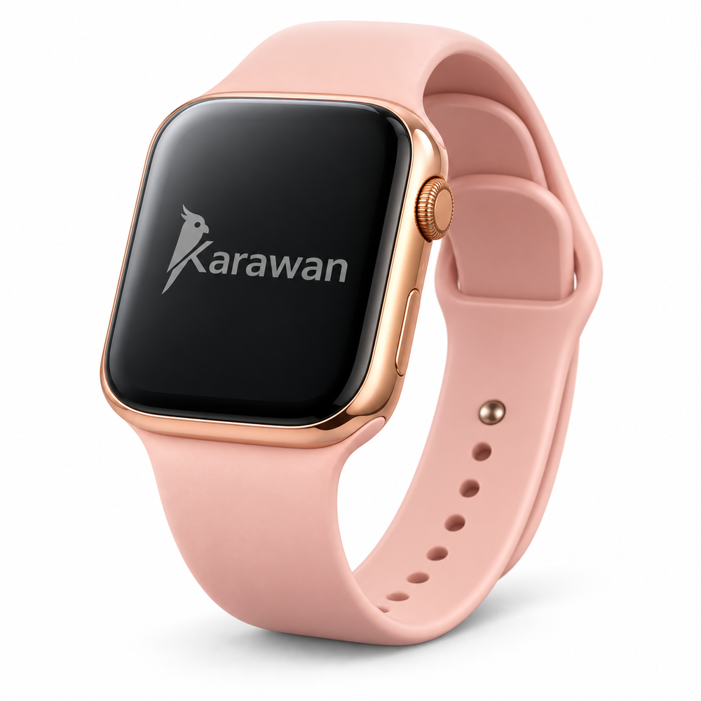 Un reloj inteligente rosa con caja de oro rosa y el logotipo de Karawan en la pantalla.