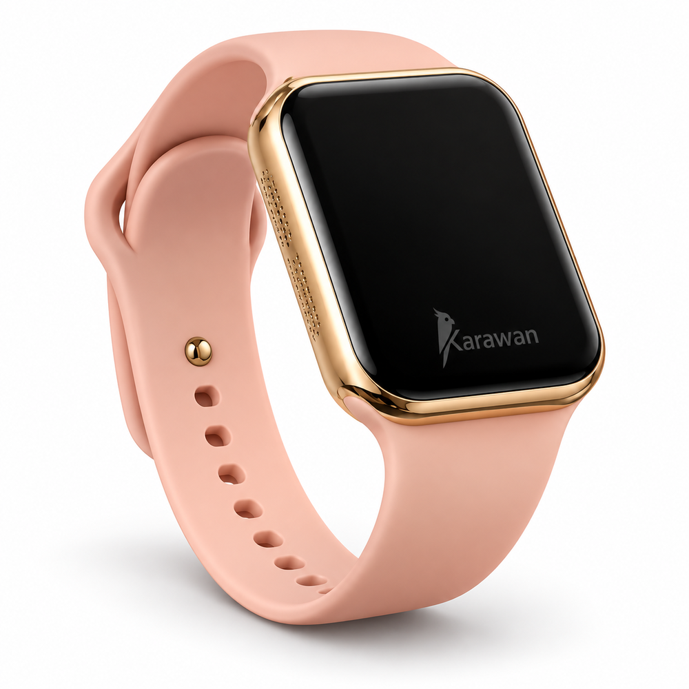 Reloj inteligente rosa con carcasa dorada y pantalla negra sobre fondo blanco.