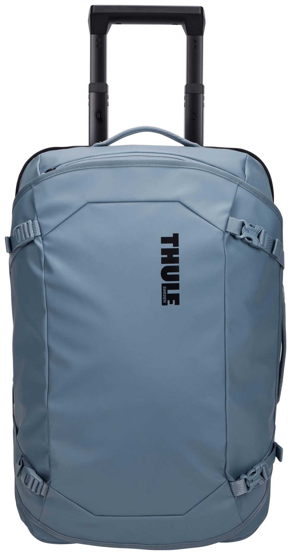 Una maleta azul Thule con asa extensible sobre fondo blanco.
