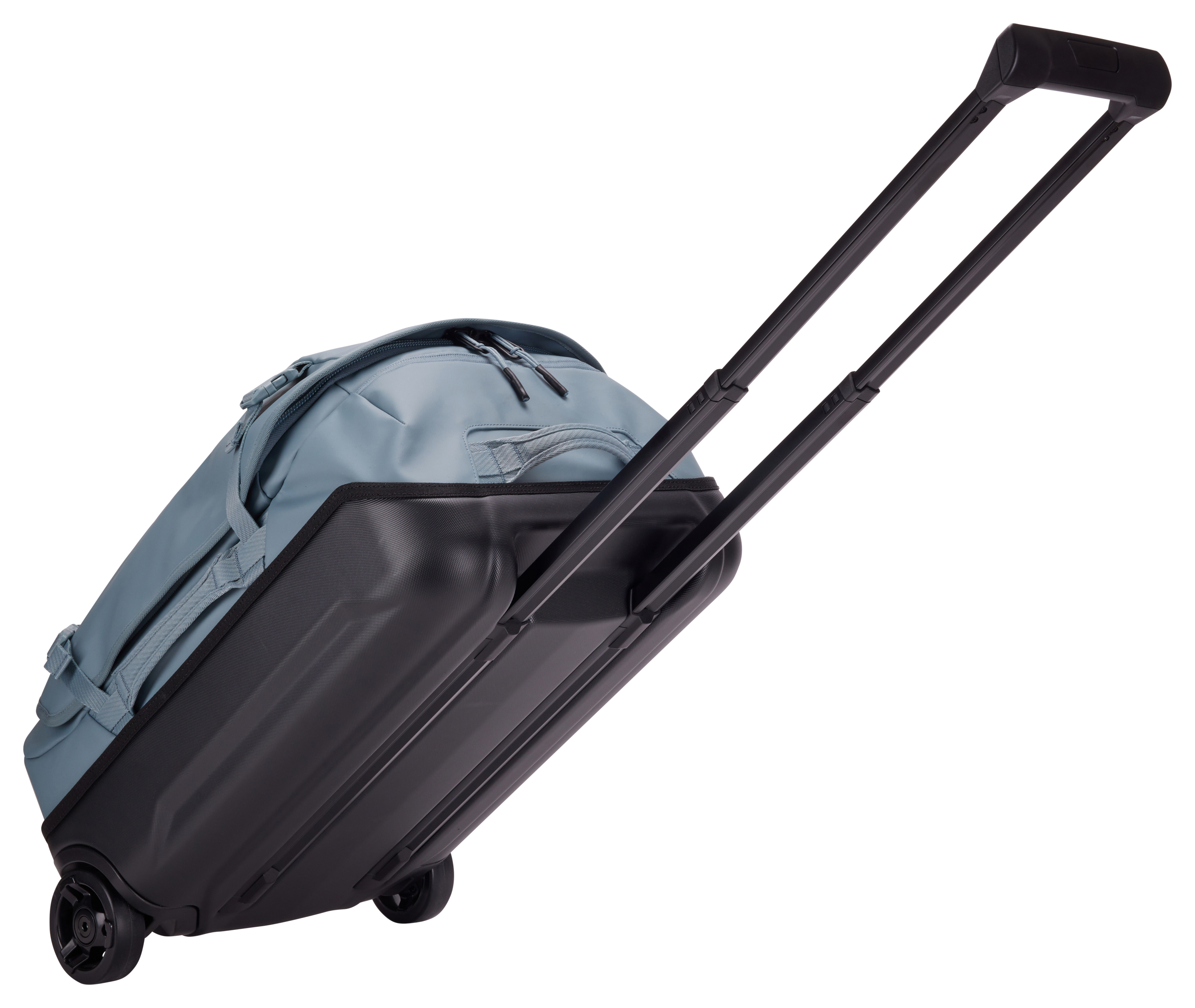 Una bolsa de viaje gris y negra con asa extensible sobre fondo blanco.
