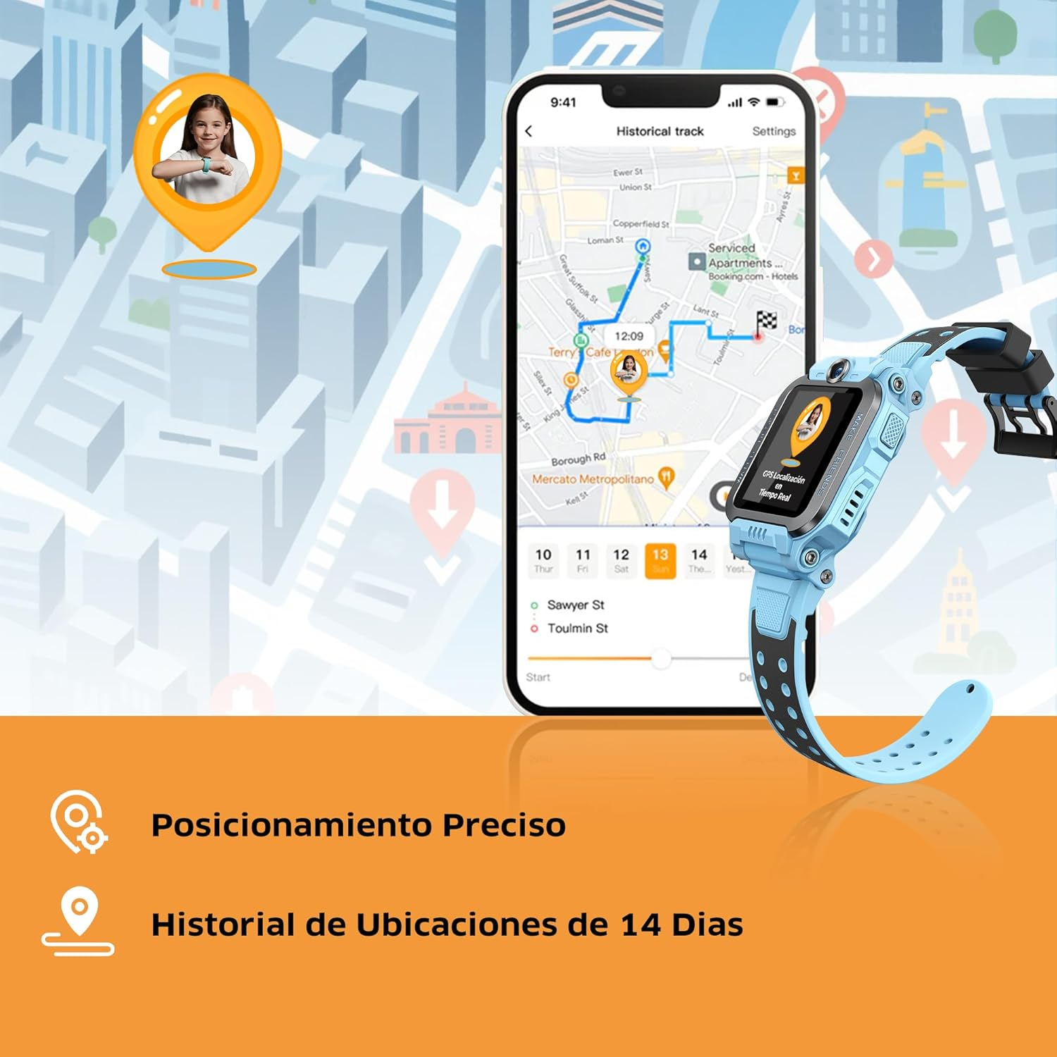 Reloj inteligente azul para niños frente al mapa de una ciudad en un teléfono con seguimiento.