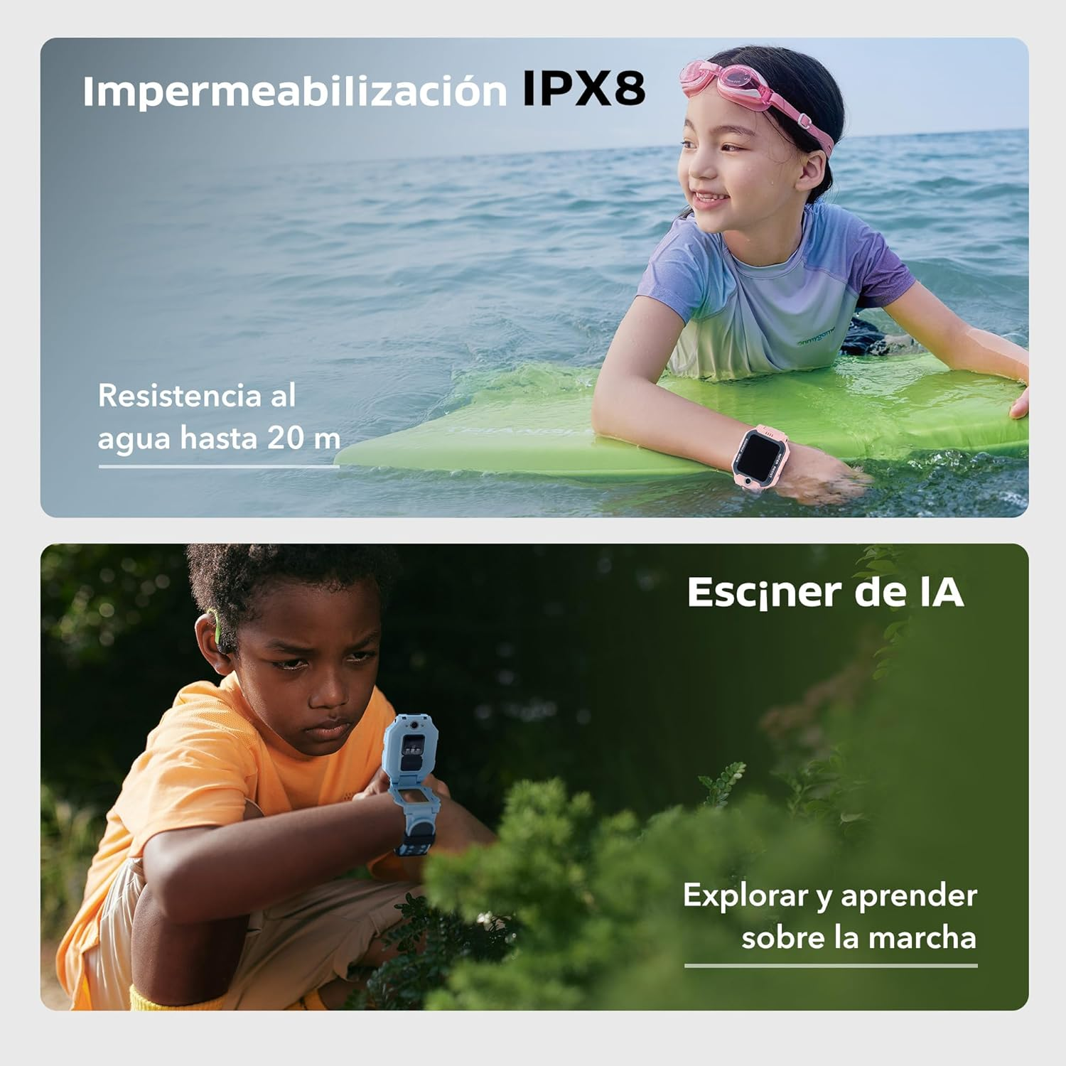 Niños usando relojes inteligentes nadando en el mar y explorando plantas en la naturaleza.