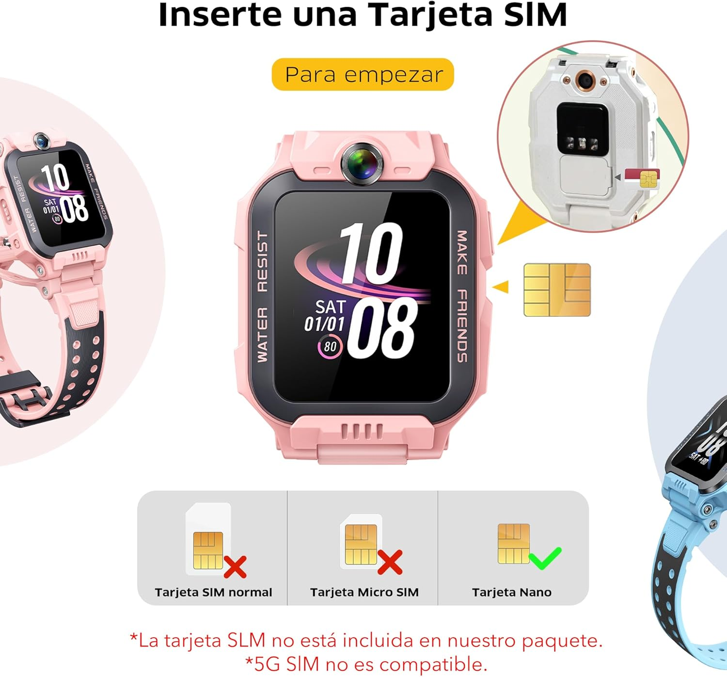 Instrucciones sobre cómo insertar una tarjeta nano SIM en un reloj inteligente rosa para niños.
