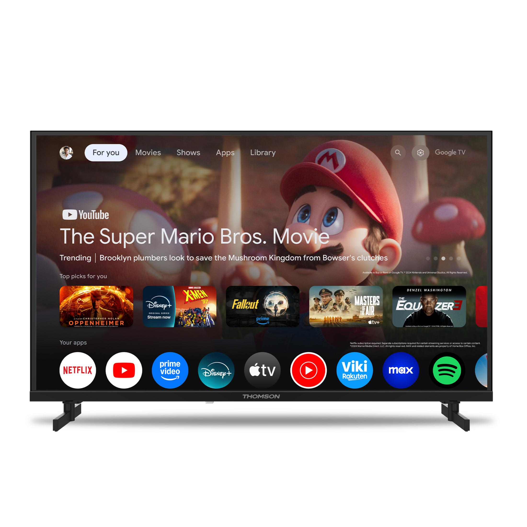 Google TV'li Thomson akıllı televizyon, Super Mario Bros. Filmini ve uygulama simgelerini gösteren ana ekranı sunuyor.