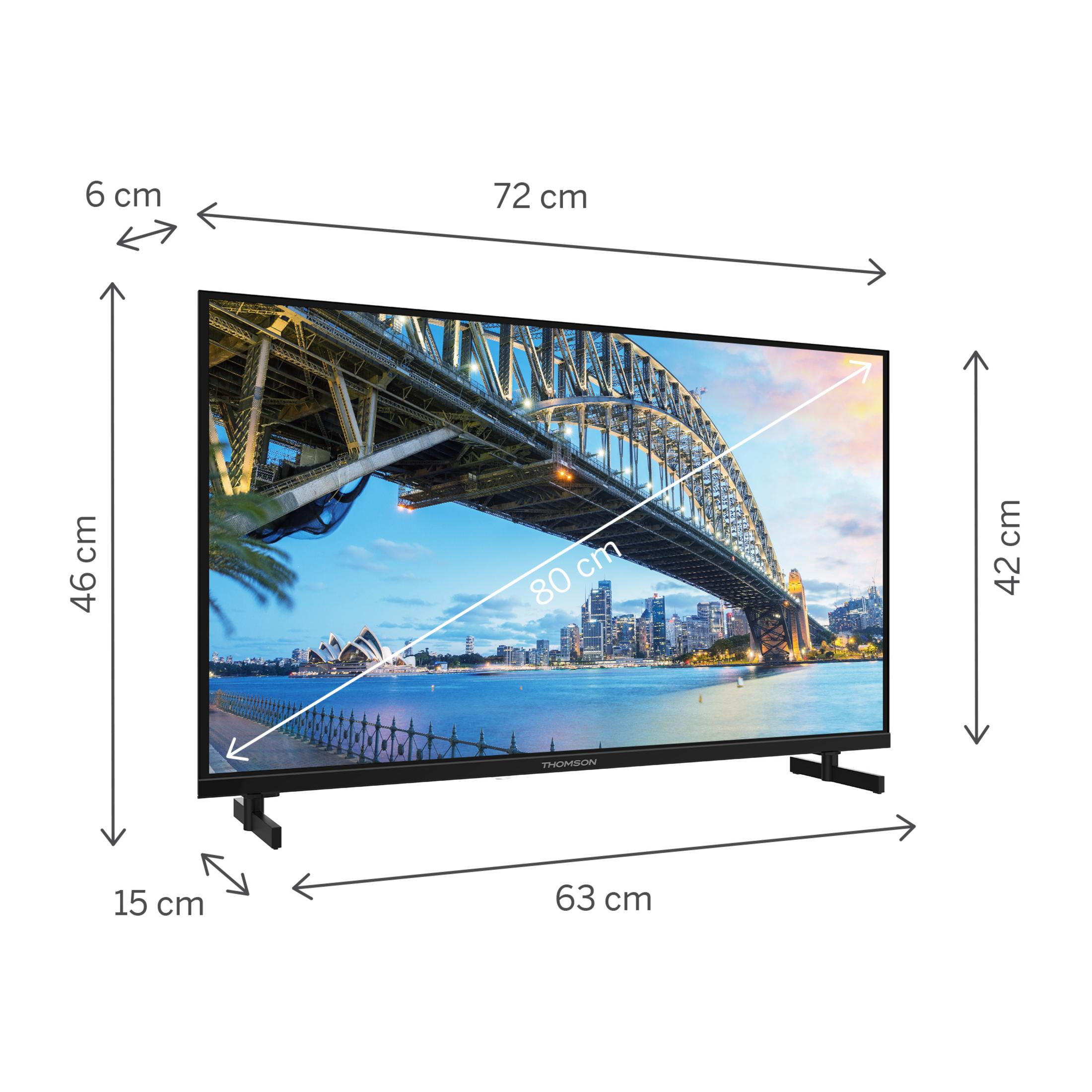 72 cm genişlik, 46 cm yükseklik ve 80 cm diyagonal ölçülerini gösteren düz ekran televizyon.