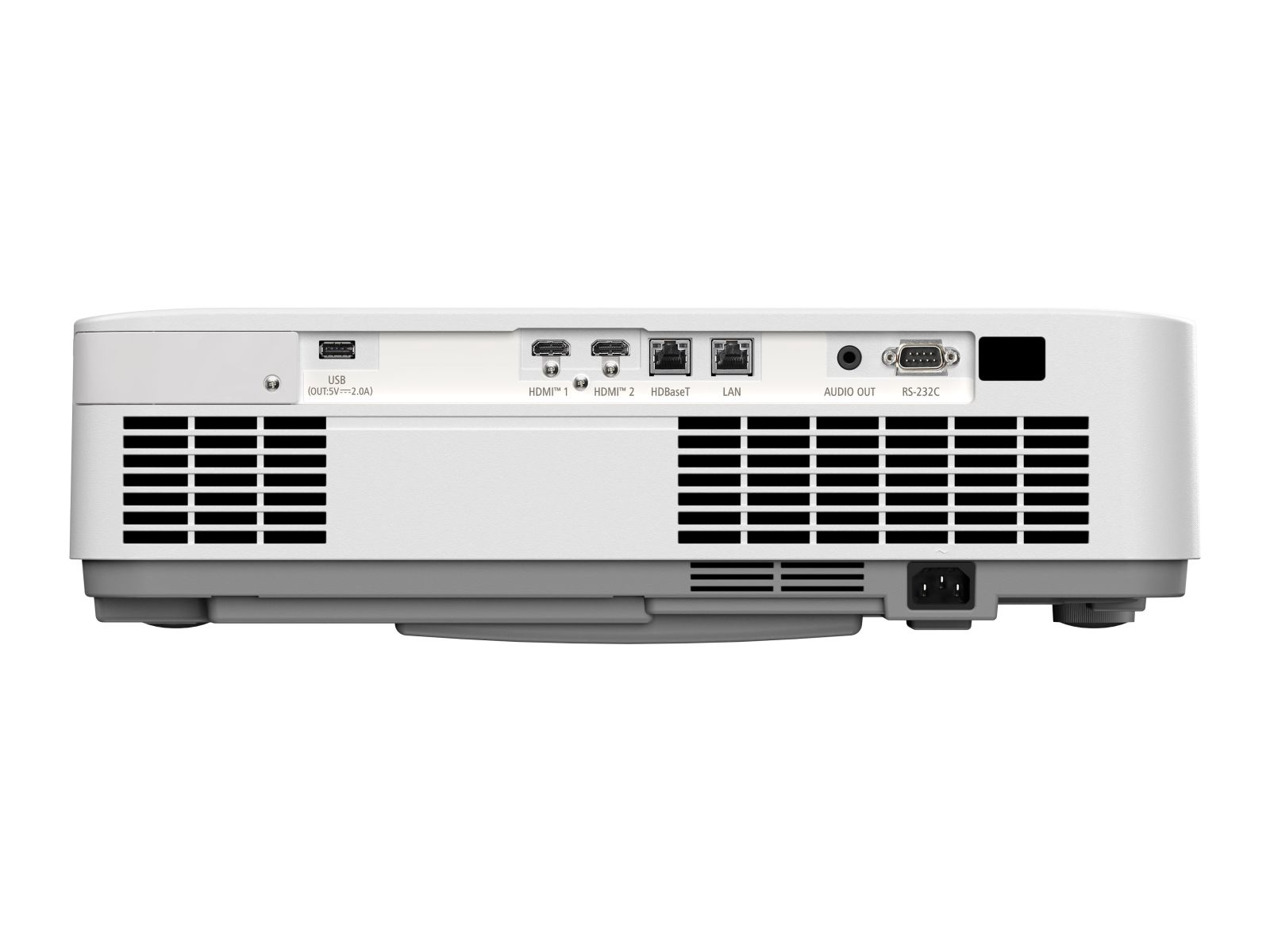 Panel trasero de un proyector blanco con puertos USB, HDMI, LAN, audio y corriente.