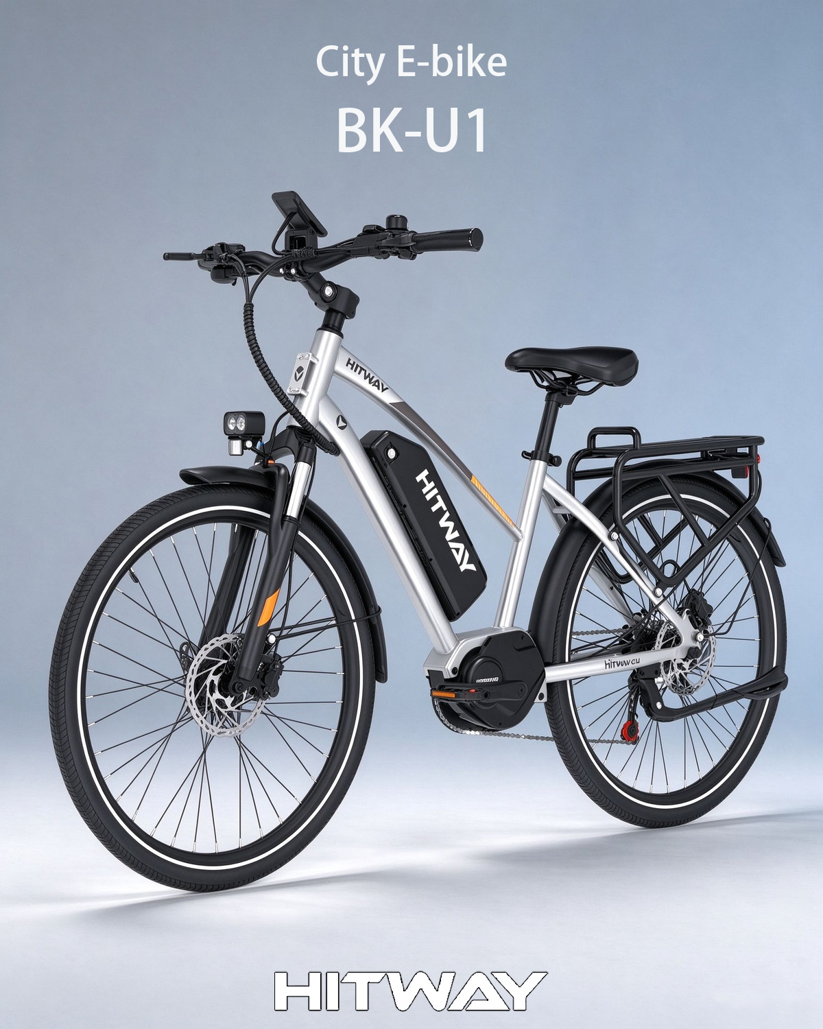 Silbernes City-E-Bike BK-U1 von Hitway mit schwarzem Akku am Rahmen und Gepäckträger.