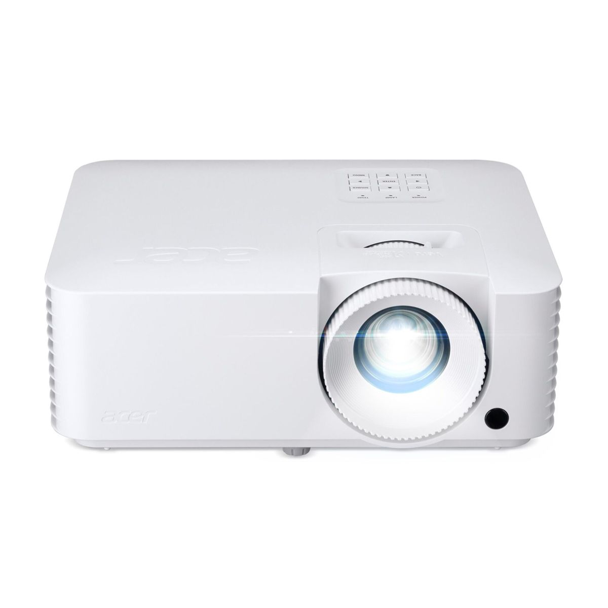 Un proyector Acer blanco con una lente iluminada sobre fondo blanco.