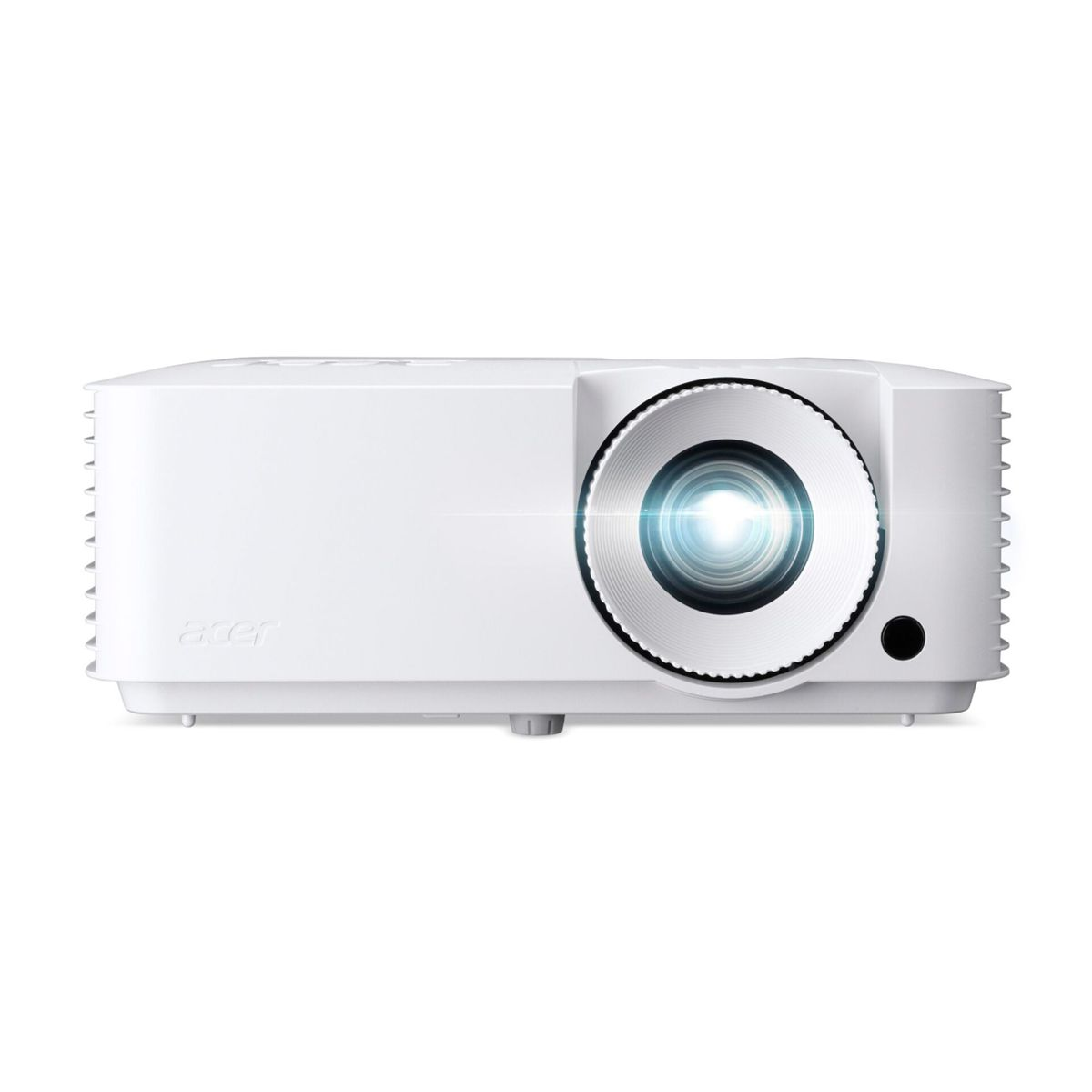 Un proyector Acer blanco sobre fondo blanco proyecta una luz brillante desde su lente.