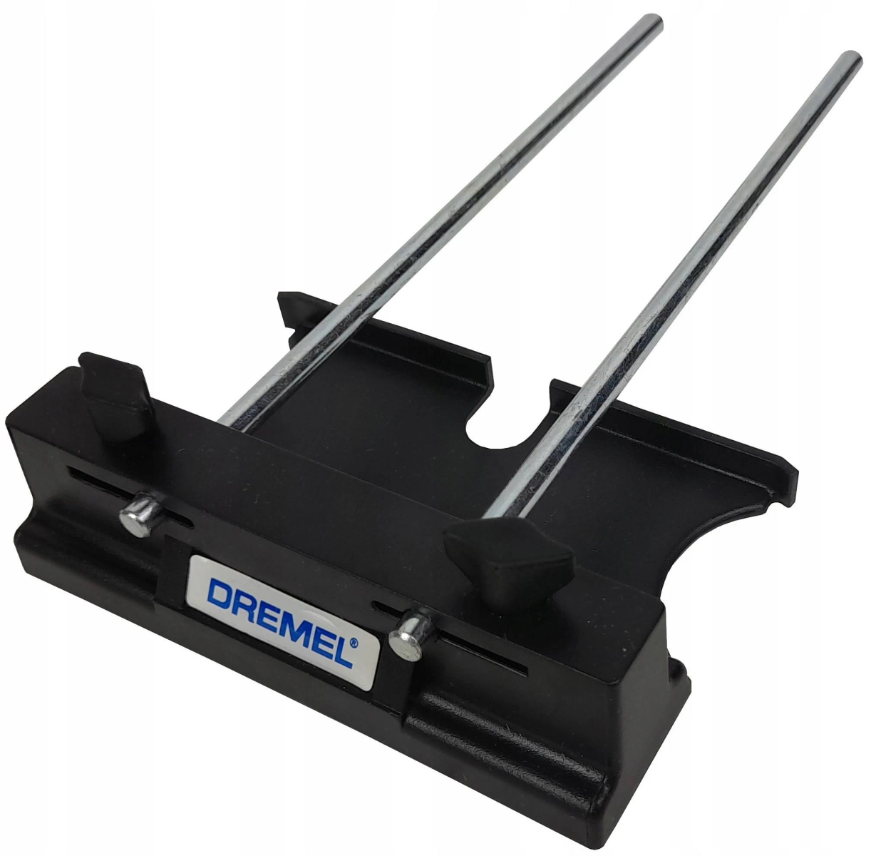 Schwarze Dremel Kreisführung und Parallelschneider-Aufsatz mit zwei Metallstäben.