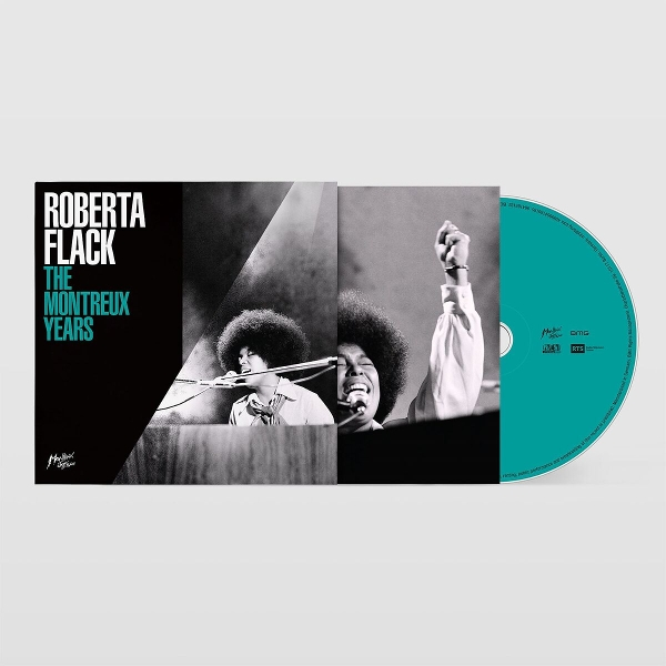 Portada y CD azul turquesa de Roberta Flack: The Montreux Years con una foto de actuación en blanco y negro.