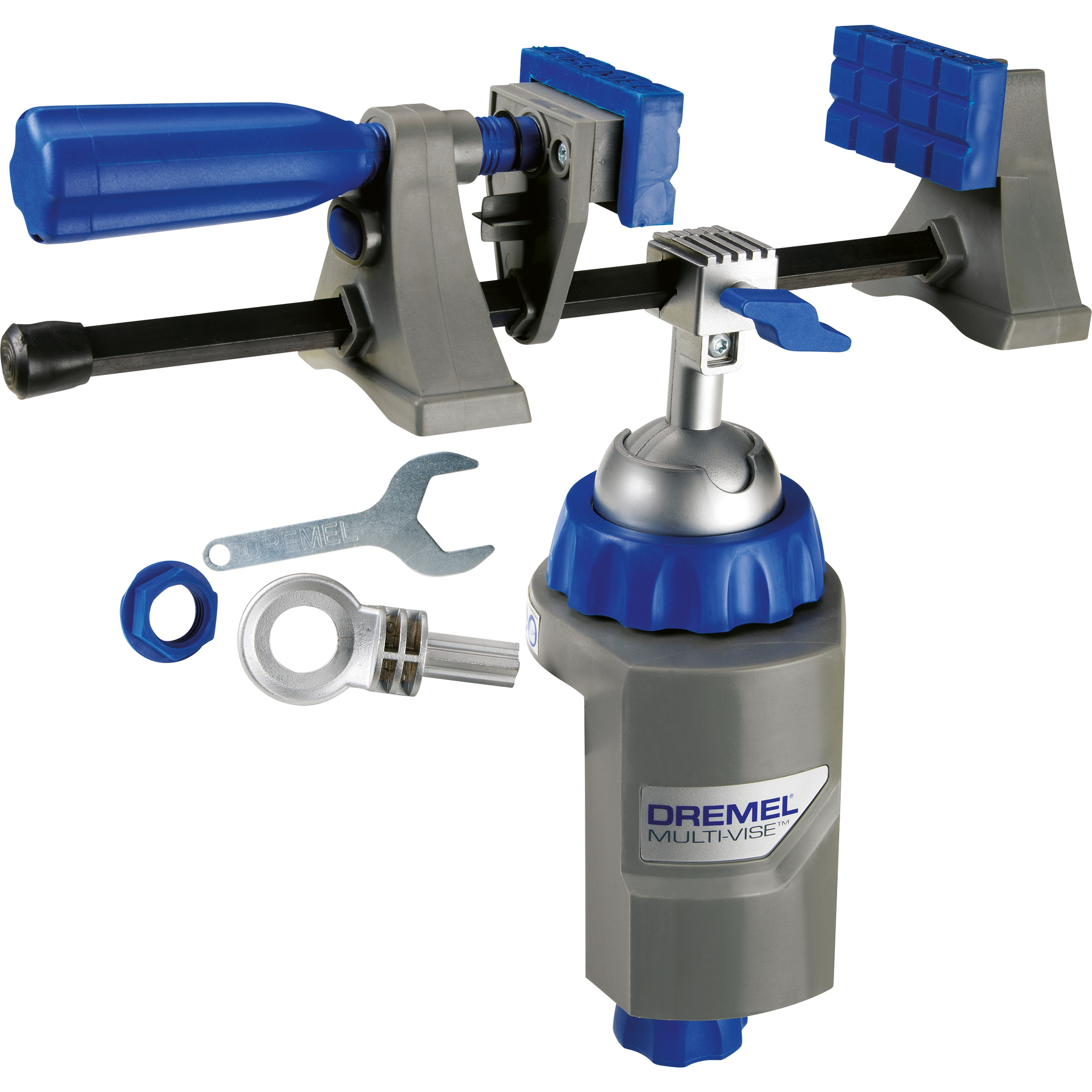 Ein grau-blauer Dremel Multi-Vise Schraubstock mit verstellbarer Klemme, Kugelgelenkfuß, Schlüssel und Zubehör.