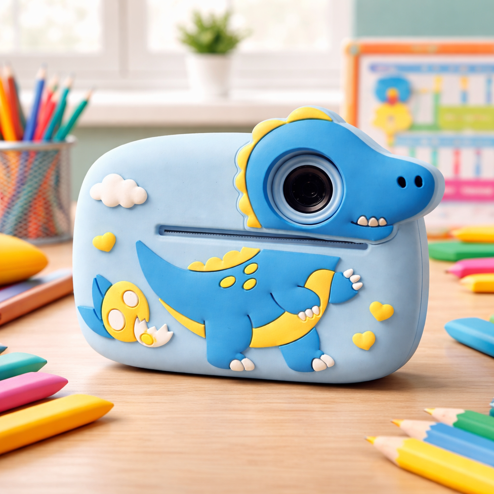 Cámara infantil azul con diseño de dinosaurio y detalles amarillos, rodeada de lápices de colores.