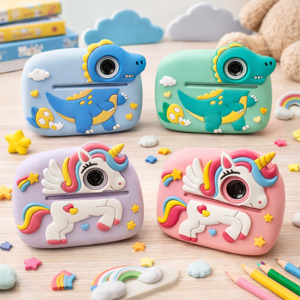 Cuatro cámaras de juguete coloridas para niños con diseños de dinosaurios y unicornios están en una mesa.