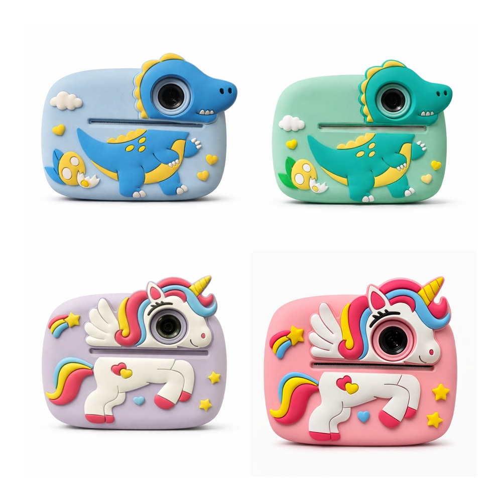 Cuatro cámaras de impresión instantánea para niños con fundas de silicona de dinosaurio y unicornio en blanco.
