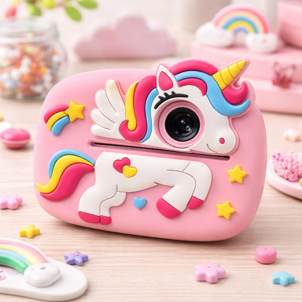 Una cámara infantil rosa con un unicornio blanco en 3D con melena colorida, alas y estrellas en una mesa de madera.