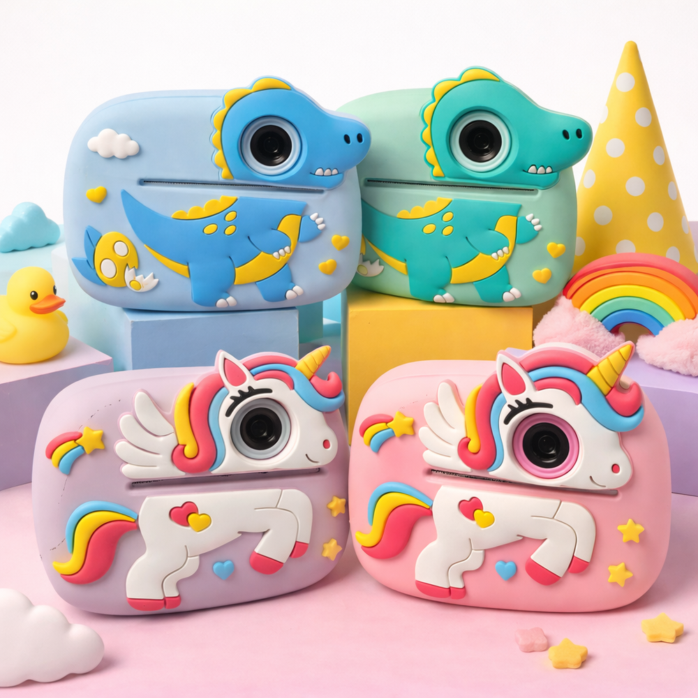 Cuatro cámaras de impresión instantánea coloridas para niños con diseños de dinosaurios y unicornios.